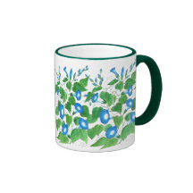 Blue, White, Green Ringer Mug, Morning Glories