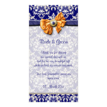 Blue white orange damask elegant personalised photo card