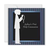 Blue White Stripe Rosary Boys First Communion Personalised Invitation