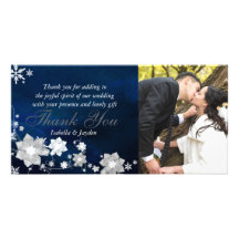 Blue White Winter Wedding Thank You Photo Cards