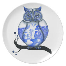 Blue Willow Owl Dinner Plates