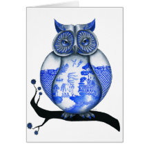 Blue Willow Owl Greeting Cards