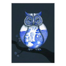 Blue Willow Owl Invitations