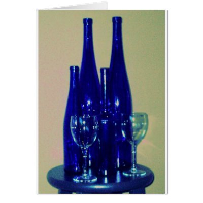 Blue Wine Bottles, accented Greeting Cards by Bellabydesign