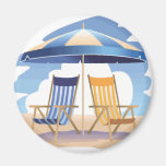 Blue & Yellow Striped Beach Chairs & Umbrella Fridge Magnet