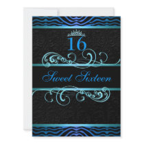 Blue Zebra Print & Swirl Sweet16 Birthday Invite