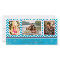 Blue zigzag chevron christmas holiday 3 photo card