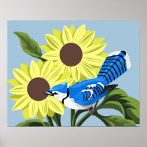 Bluejay and Sunflowers Art Print