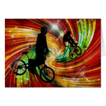 BMXers in Red and Orange Grunge Swirls Greeting Card