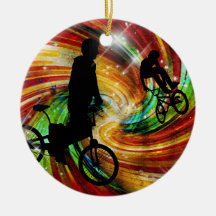 BMXers in Red and Orange Grunge Swirls Christmas Tree Ornament