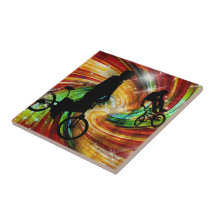 BMXers in Red and Orange Grunge Swirls Ceramic Tile