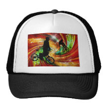 BMXers in Red and Orange Grunge Swirls Trucker Hat