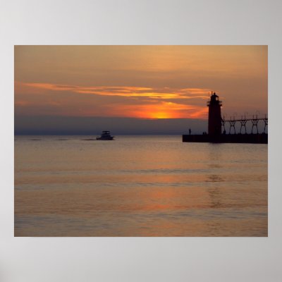 Boat on Lake Michigan at South Haven Lighthouse Poster by hekitchen