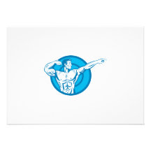 Bodybuilder Flexing Muscles Pointing Side Retro Custom Invitations