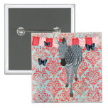 Boho Blue Butterflies & Zebra Damask Button