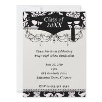 bold black and white damask pattern graduation custom invitations