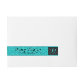 Bold Elegant Black And Turquoise Floral Damasks Wraparound Address Label