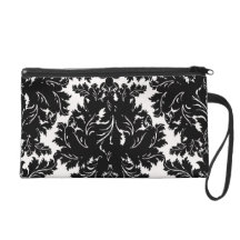 bold intricate black damask on white wristlet purse