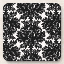 bold intricate black damask on white drink coasters