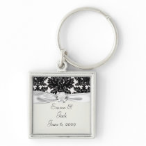 bold intricate black damask on white keychains
