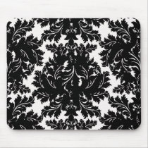 bold intricate black damask on white mousepad