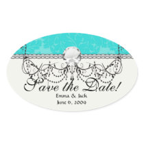 bold ornate tiffany blue damask pattern oval stickers