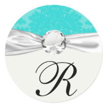 bold ornate tiffany blue damask pattern round sticker