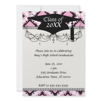 bold pink white black diamond damask graduation invite