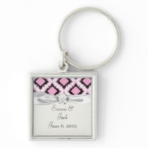 bold pink white black diamond damask pattern keychains