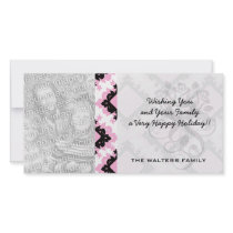 bold pink white black diamond damask pattern personalized photo card