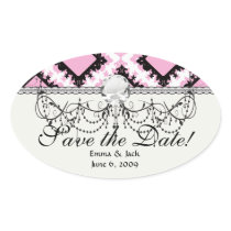 bold pink white black diamond damask pattern oval sticker