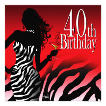 Bombshell Zebra 40th Birthday Party Red Custom Invitations