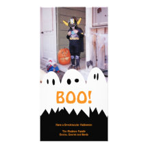 BOO white ghost trio orange Halloween greeting Customized Photo Card