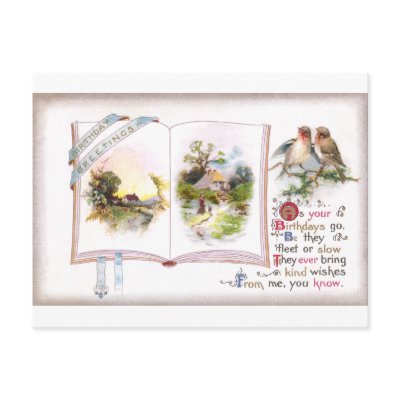 Book & Birds Vintage Birthday Card Postcards