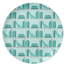 Books on Shelf. Design in Teal and Aqua. Dinner Plates