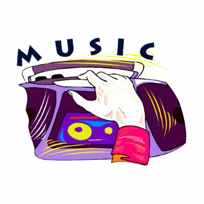 Boombox radio and hand graphic, word Music Cut Outs by MusicianEvents