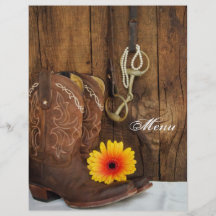 Boots, Daisy and Horse Bit Country Wedding Menu Flyer Design