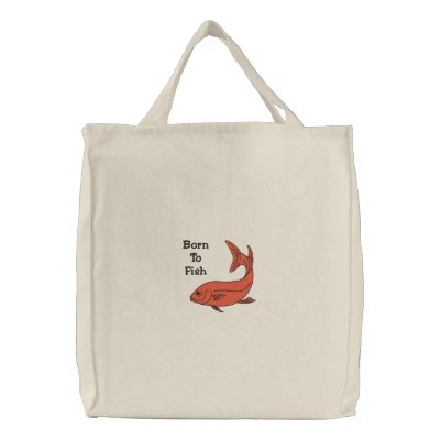Born To Fish Red Fish Customisable Embroidery Embroidered Tote Bag by BedazzledByZazzle