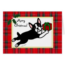 Boston Terrier Cartoon Tartan Christmas Cards