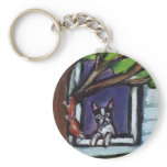 Boston Terrier eyes squirrel in tree dog painting Keychains