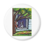 Boston Terrier eyes squirrel in tree dog painting Fridge Magnet