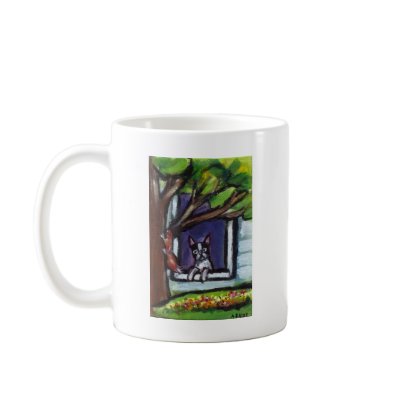 Boston Terrier eyes squirrel in tree dog painting Coffee Mug by zadajeanne