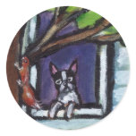 Boston Terrier eyes squirrel in tree dog painting Stickers