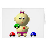 BOUNCING BABY GIRL WITH 3 TOY CARS GREETING CARDS