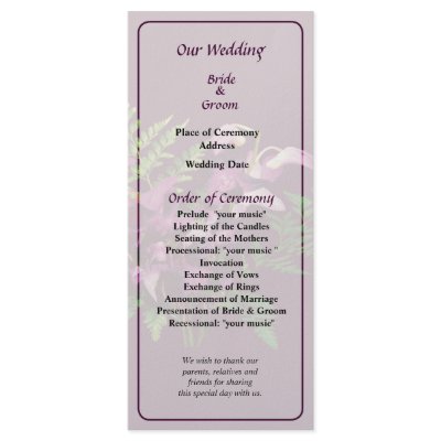 Bouquet of Purple Orchids and Fern Wedding Program Full Colour Rack Card by SusanSavad
