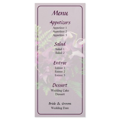 Bouquet of Purple Orchids With Ferns Wedding Menu Rack Card Template by SusanSavad