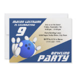 Bowling Party Birthday Blue and Gold Personalized Invitation