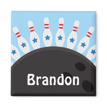 Bowling pins and ball name magnet, blue version