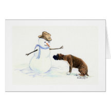 "Boxer Meets Snowman" Dog Art Notecard