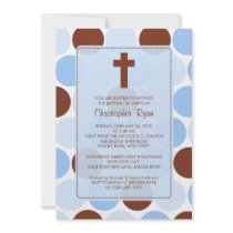 Boy Baptism Inviation Brown & Blue Polka Dots Personalized Announcement